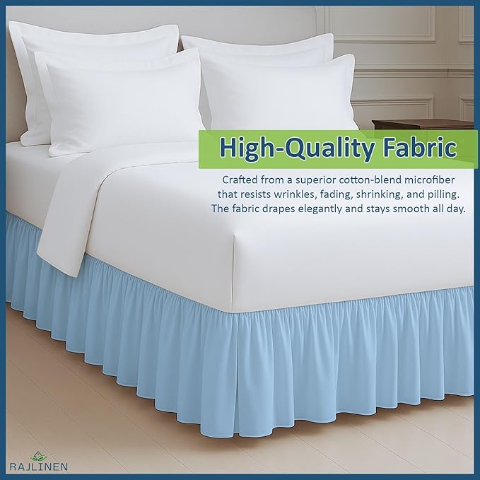 Rajlinen Ruffled Bed Skirt Full XL, 12 Inch Drop Dust Ruffle with Split Corners, 100% Microfiber Bedskirt with Platform, Three-Sided Coverage Ruffled Gathering Design, Light Blue