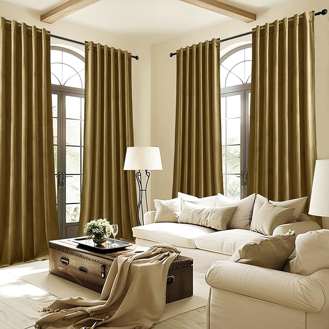 Velvet Curtains 108 Inches Long for Bedroom, Luxury Room Darkening Thermal Insulated Blackout Curtains Luxury Window Drapes for Living Room, Back Tab Rod Pocket, Goldbrown, W52 x L108, 2 Panels