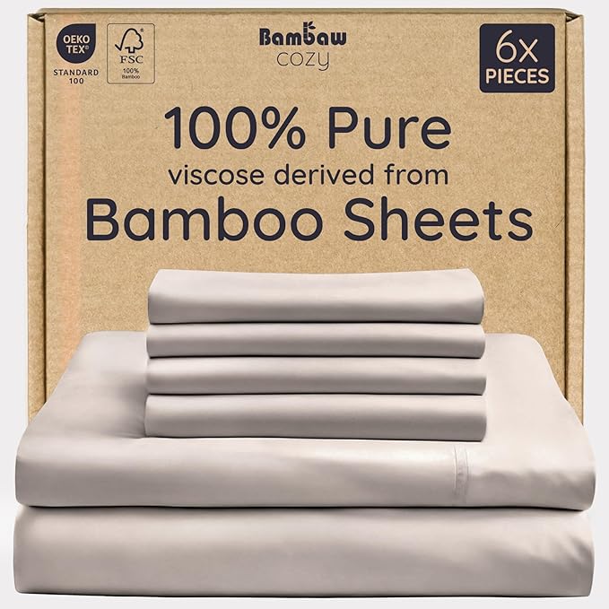 Bambaw 100% Viscose Derived from Bamboo Sheets King Size Set – 6pcs Deep Pocket King Sheets Cooling, Fits Up to 16'' with Elastic Corner Straps, Super Soft Bedding Set (Sand)
