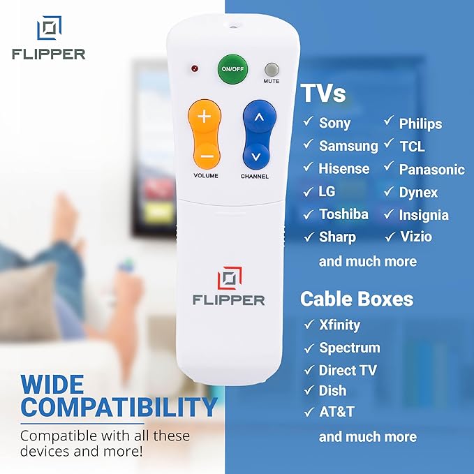 Flipper Big Button Universal TV Remote for Seniors, Dementia - Works Both TV Only or TV & Cable (STB) Set Up - Favorites, IR Devices Spectrum, Xfinity, Samsung, Vizio, LG [Does not Work Streaming]