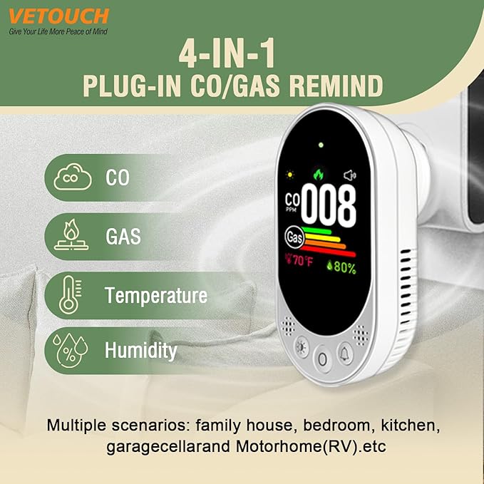 VETOUCH Plug-in Combination air Detector, 4 in 1 Combination Natural Gas and Carbon Monoxide Detector, detects CO, Gas,and Humidity Values. for Home, Bedroom, Kitchen, RV, 2 Pack