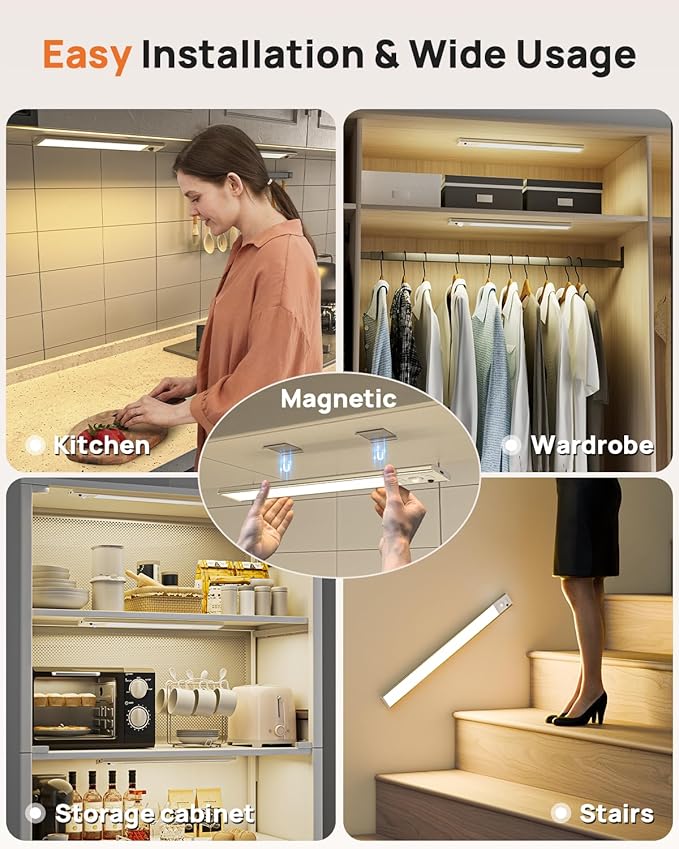 Under Cabinet Lighting Wireless,16 inch LED Motion Sensor Light Indoor, USB Rechargeable Closet Lights with Remote Control, 3 Color Temps Under Counter Lights for Kitchen, Wardrobe, Stairs, 4 Pack