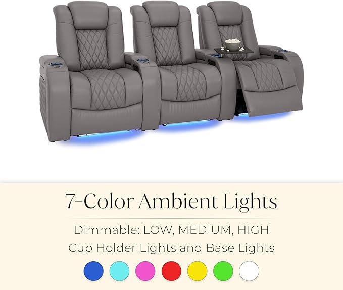Seatcraft Diamante Zero-Gravity CoolZero Italian Leather Home Theater Seating, Power Headrest, Power Recline, Row of 5 Sofa, Gray