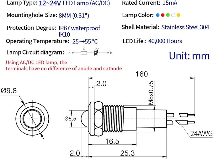 ZGSZJHF 2Pcs 8mm 0.31" Mini Indicator Light 12V-24V Red LED Waterproof IP67 Domed High Head Stainless Steel Signal Lamp Pilot Light with Wire,for Dash Directional Car Truck Boat