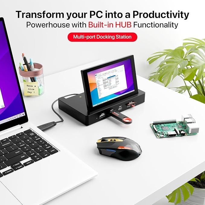 ROADOM 5'' Mini Monitor with Raspberry Pi Mount Holes & USB HUB, Type-C One-Cable Connection&Speakers, All-in-One Storage Dock, Pocket IPS Screen for PC monitoring/Gaming/AIDA64/Streaming Partner