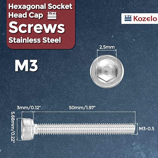 Kozelo 40pcs Socket Head Cap Screws - [M3-0.5 x 25mm] 304 Stainless Steel Allen Socket Drive for Electrical Motor 3D Printing Fan Engine Replacement Use, Silver