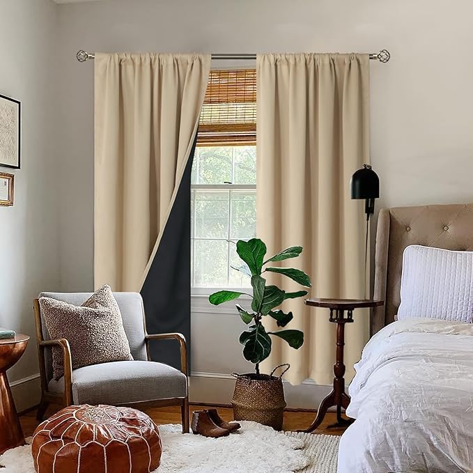 BGment Thermal Insulated 100% Blackout Curtains for Bedroom with Black Liner, Double Layer Full Room Darkening Noise Reducing Rod Pocket Curtain (52 x 84 Inch, Beige, 2 Panels)