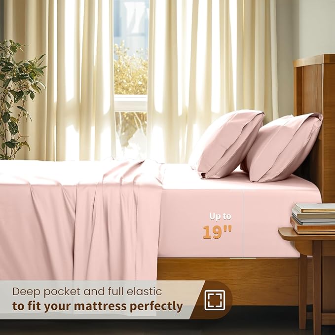 LBRO2M 100% Cotton Sheets Set Deep Pocket 19", 1000 Thread Count California King Size 4 Piece Bed Sheet Sets Soft Comfortable Bedding All Season (California King, Pink)