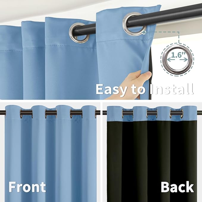 BGment Thermal Insulated 100% Blackout Curtains for Bedroom with Black Liner, Double Layer Full Room Darkening Noise Reducing Grommet Curtain (42 x 63 Inch, Denim Blue, 2 Panels)