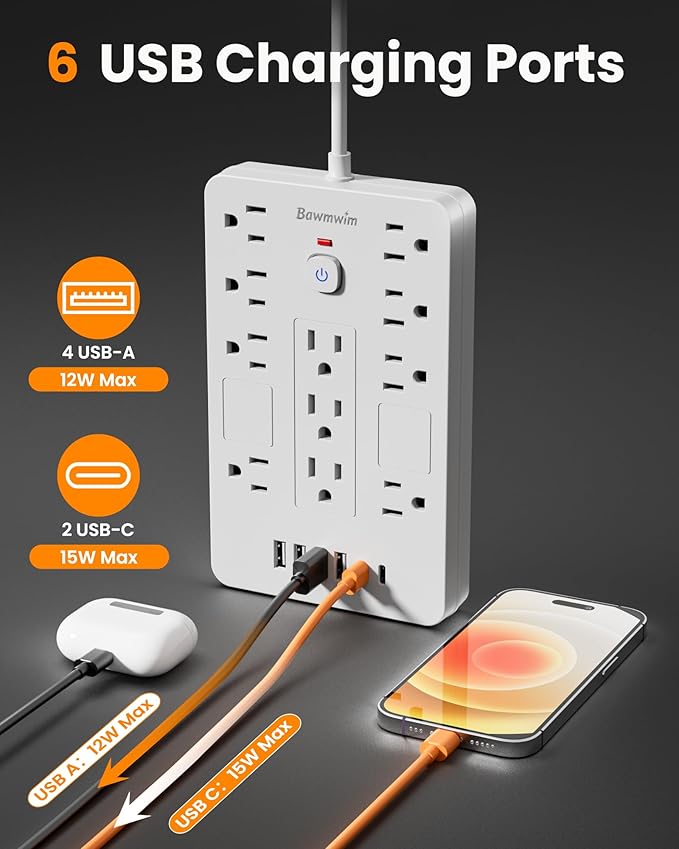 Bawmwim Surge Protector Power Strip - 11 Outlets(1850W/15A) with 6 USB Ports(2 USB C), 6FT Flat Plug Extension Cord, Wall Mount, White,Listed for Home, Dorm Room