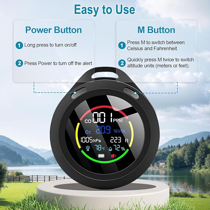 Portable Carbon Monoxide Detectors, 6-in-1 CO Detector, CO/O2/Temperature/Humidity/Altitude/Atmospheric Pressure, Portable Oxygen Detector with Alarm & Color Backlight, for Indoor, Camping, RV,Travel