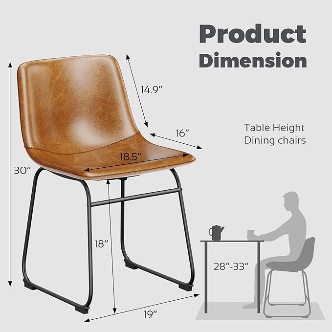 Dining Chairs Set of 6, 18 Inch Modern Armless Dining Chair with Back, Faux Leather Kitchen Dining Room Chair with Metal Legs for Home, Bistro Coffee Shops (Brown)