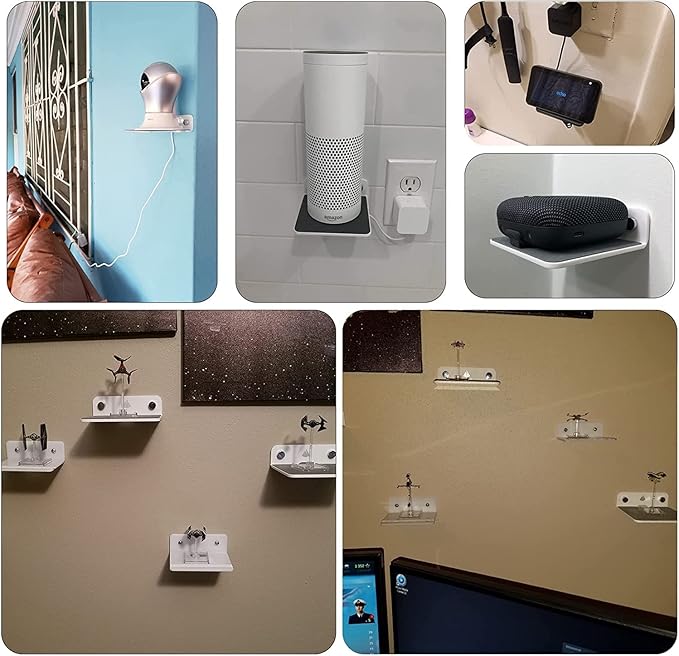 TXEsign Floating Speaker Shelf - Small Wall Mount for Speakers, Webcams, Displays - Acrylic Shelf in Silky White & Transparent