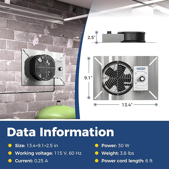 ALORAIR 260 CFM Stainless Steel Crawl Space Vent Fan - Air Out Crawlspace Ventilation Fan with Humidistat Dehumidistat, IP55 Exhaust with Isolation Mesh for Foundation Basements Garage Attic