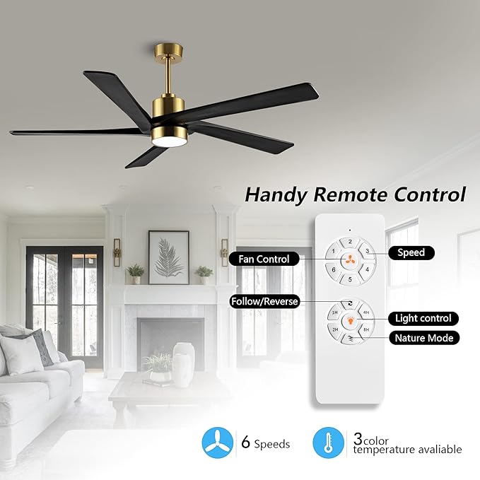 WINGBO 72" DC Ceiling Fan with Lights and 3 Downrods, 5 Carved Wood Blades, 6-Speed Reversible DC Motor, Large Ceiling Fan in Brass Finish with Black Blades, ETL Listed