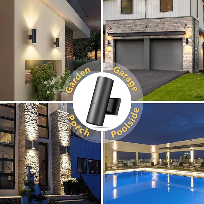 wowlite Modern Outdoor Wall Lights, Up and Down Lights Wall Mount Cylinder Sconce Matte Black, Waterproof Exterior Lights Fixture for Porch Patio Garage Front Door, Pack of 2