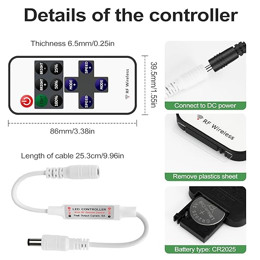 RF Mini Wireless LED Remote Controller for Single Color 3528 5050 COB LED Strip Lights,Wireless LED Control with DC Connector,RF Dimmer Switch for DC 5-24V LED Ribbon Led Shelf Lights Cabinet