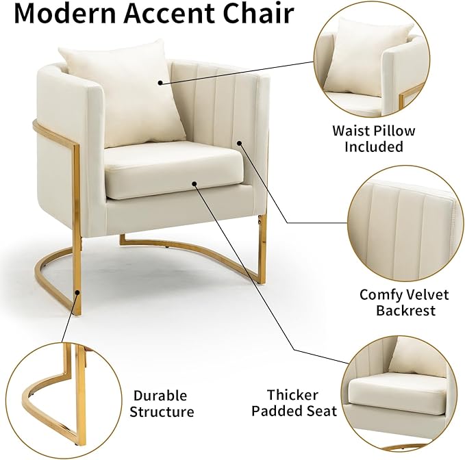 Velvet Modern Accent Chair, Upholstered Barrel Armchair Mid Century with Pillow for Living Room, Comfy Single Vanity Chair with Metal Gold Legs for Bedroom, White