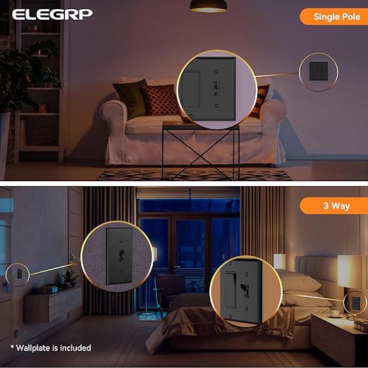ELEGRP Digital Toggle Dimmer Switch for Dimmable LED, CFL and Incandescent Light Bulbs, Single Pole or 3-Way Toggle LED Dimmer Light Switch, Wall Plate Included, UL Listed, 1 Pack, Black