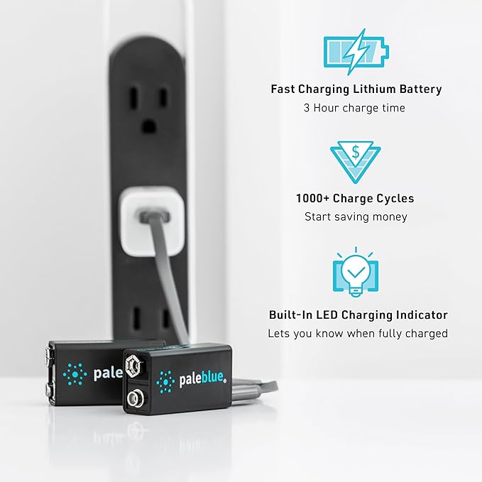 paleblue USB Rechargeable 9V Batteries (6-Pack) - 4500mWh Lithium Ion, 1000+ Charge Cycles, Includes (3) 2-in-1 USB-A to USB-C Charging Cables, LED Charge Indicator, 3.4 Hour Charge Time