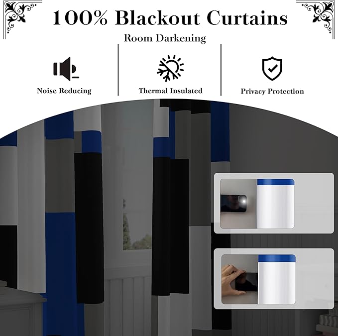 Blue Gray 100% Blackout Curtains 45 inch Length 2 Panels Set White Grey Modern Abstract Geometric Drapes for Kitchen Black Out Curtains Insulated Room Darkening Small Window Curtains, 42Wx45L