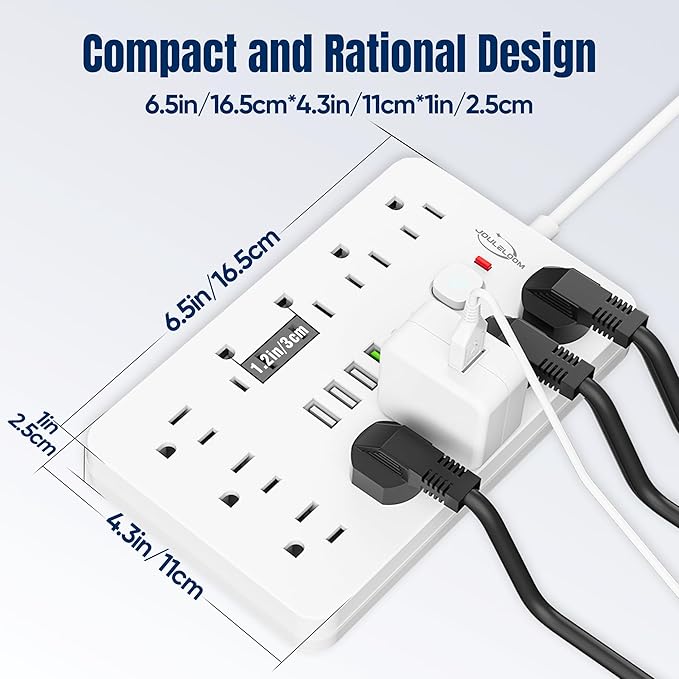 JouleLoom 15 FT Flat Plug Surge Protector Power Strip,11 Multiple AC Outlets with 6 USB Ports (2 USB C), 15 Feet Extension Cord, 1250W/10A, One Touch Switch Button, White