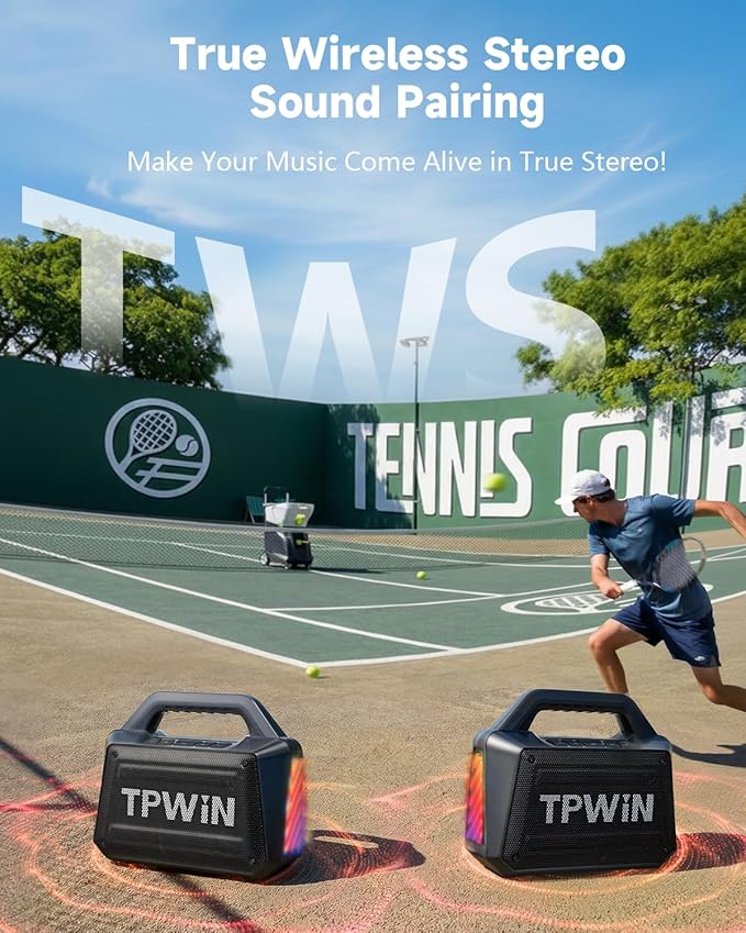 TPWIN Bluetooth Speaker - 80W Loud Rugged Outdoor Speakers, IPX6 Waterproof, 20H Playtime, Deep Bass, Lightshow, TWS, BT 5.3 Wireless, Portable for Travel Hiking Camping Beach Pool - Black