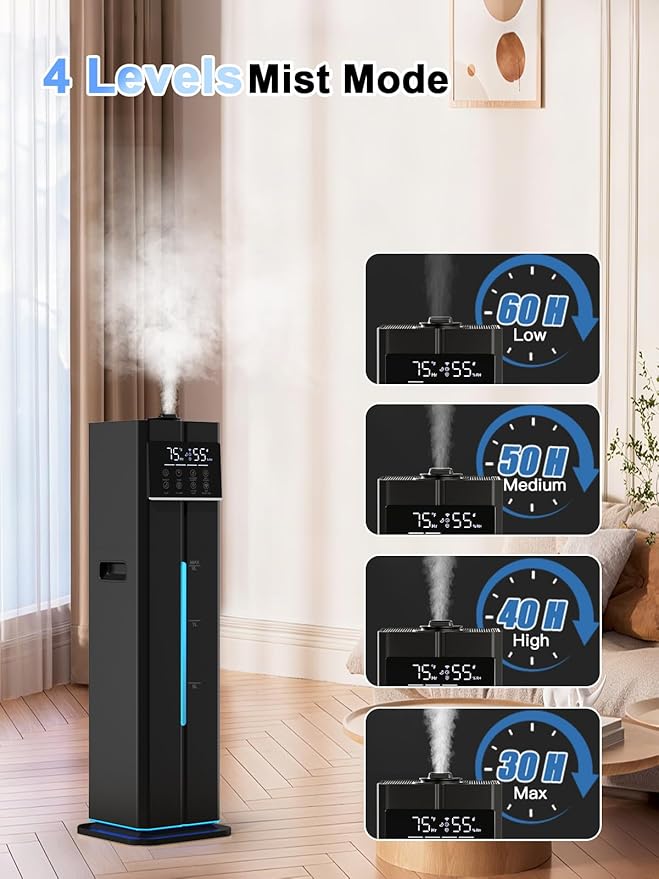Zeova 9L/2.4Gal Smart Cool Mist Humidifier, Top Fill Quiet Humidifier Large Room, Covers 550ft², App & Remote Control, 60H Runtime, 7 Colors Light, 4 Mist Modes Humidifiers for Bedroom, Office, Black