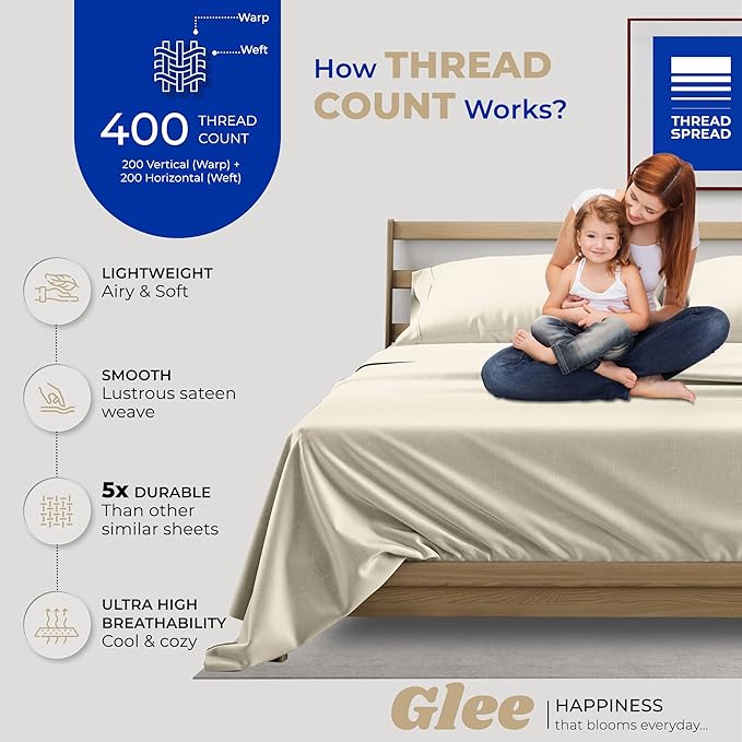 THREAD SPREAD Split King Sheets Sets for Adjustable Bed - 400 Thread Count 5 PC Sateen Split Sheet Set, Cooling Cotton Sheets, 2 Twin-XL Fitted Sheets, 16" Deep Pocket Split King Sheet (Ivory)