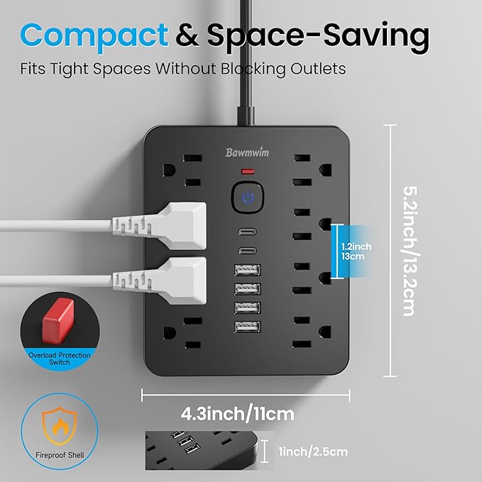 Bawmwim Surge Protector Power Strip, 8 Outlets(1250W/10A), 6 USB Charging Ports(2 USB C), 10FT Flat Plug Extension Cord Outlet Extender with Overload Protection, ETL Certified for Office, Dorm Room