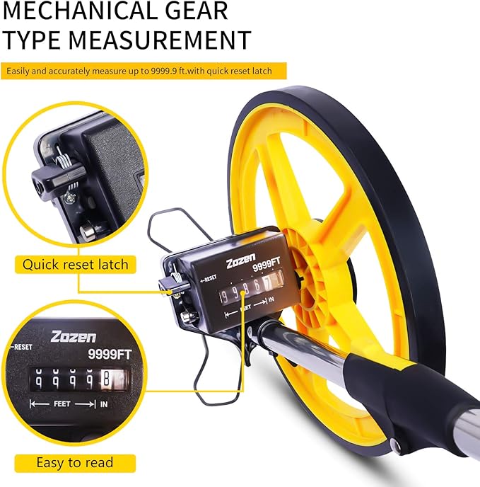 Zozen Measuring Wheel, Folding Portable Distance Measuring in Feet, Double Collapsible | One Key to Reset/Kickstand to Keep Stand/Starting Point Arrow and Cloth Carrying Bag, [0-9,999 Ft].