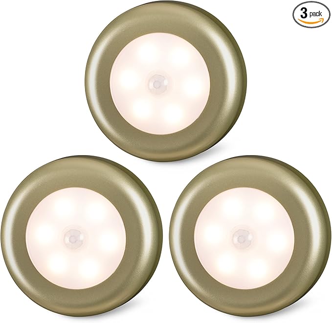 STAR-SPANGLED 3 Pack 2.8” Motion Sensor Lights Indoor AAA Battery Operated, Stick on LED Puck Light for Stairs, Under Cabinet, Closet (Golden, Warm White)
