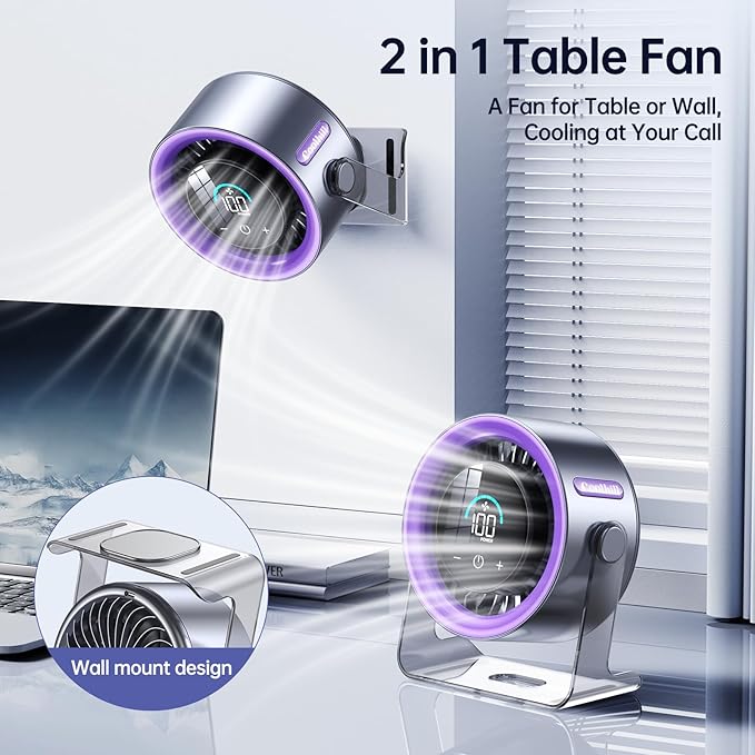 Coolhill USB Desk Fan for Bedroom: 100 Speeds Digital Display Quiet Table Fan with Turbo Airflow, 120° Rotating Small Rechargeable Battery Desktop Fans for Bedroom Home Office (Purple)