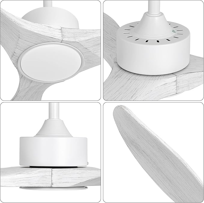 revoici 52 Inch White Ceiling Fan with Lights and Remote, Retro White Wood Low Profile Flush Mount Modern Ceiling Fan for Indoor Farmhouse Bedroom Living Room Outdoor Patio Porch, Reversible DC Motor