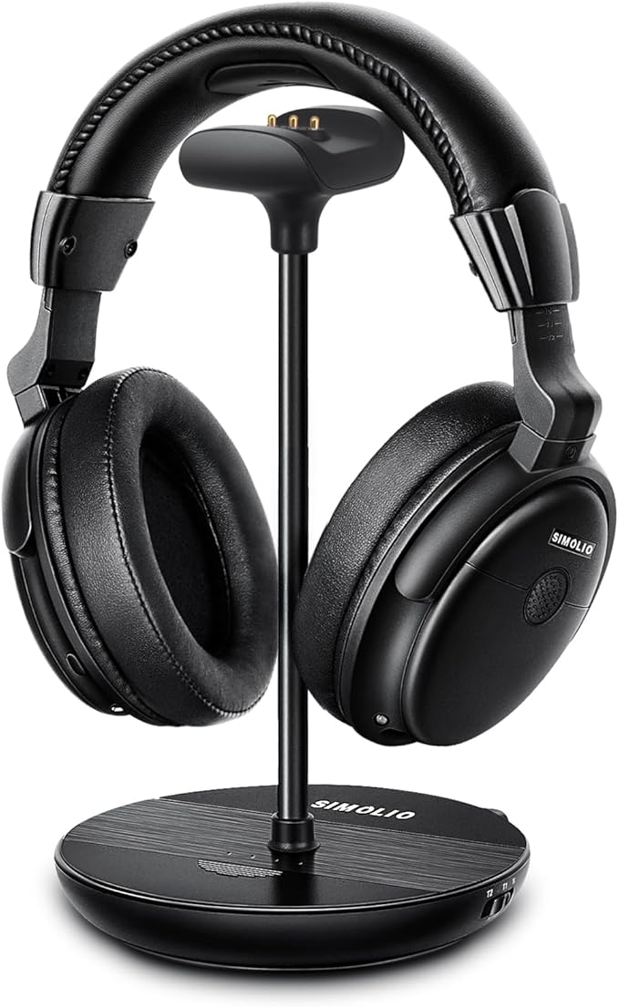 SIMOLIO Wireless Headphones for TV with Clear Dialog Mode, Boosted Volume & Spare Battery for Seniors, Comfortable TV Watching w/L/R Balance, by-Pass, Charging/Transmitter Stand 2-in-1, No Pairing