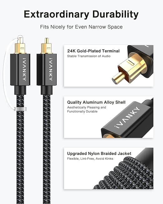 IVANKY Optical Audio Cable 6ft/1.8M, Nylon Braided, 24K Gold-Plated, Slim Metal Case, CL3 Rated, S/PDIF Toslink Digital Audio Fiber Optic Cable for Home Theater, Sound Bar, TV, PS4, Xbox, Samsung