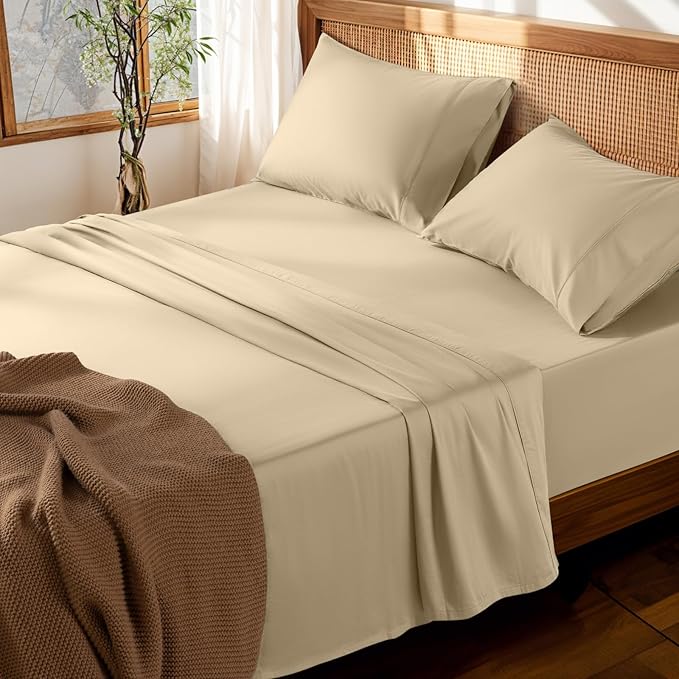 LBRO2M 100% Cotton Sheets Set Deep Pocket 19", 1000 Thread Count California King Size 4 Piece Bed Sheet Sets Soft Comfortable Bedding All Season (California King, Linen)