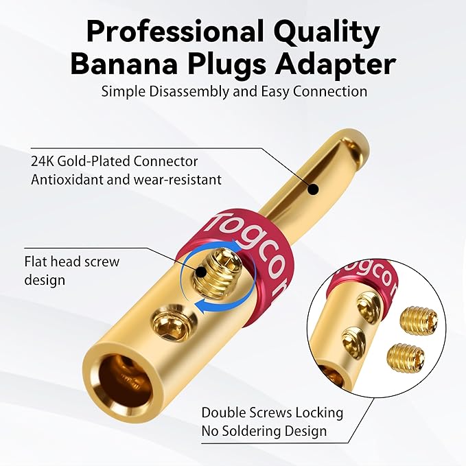 4mm Speaker Banana Plugs (4 Pairs, 8 Pcs),24K Gold Plated Banana Speaker Wire Banana Plugs Connectors for Speaker Wire, Wall Plate, Home Theater, Audio/Video Receiver, Amplifiers and Sound Systems