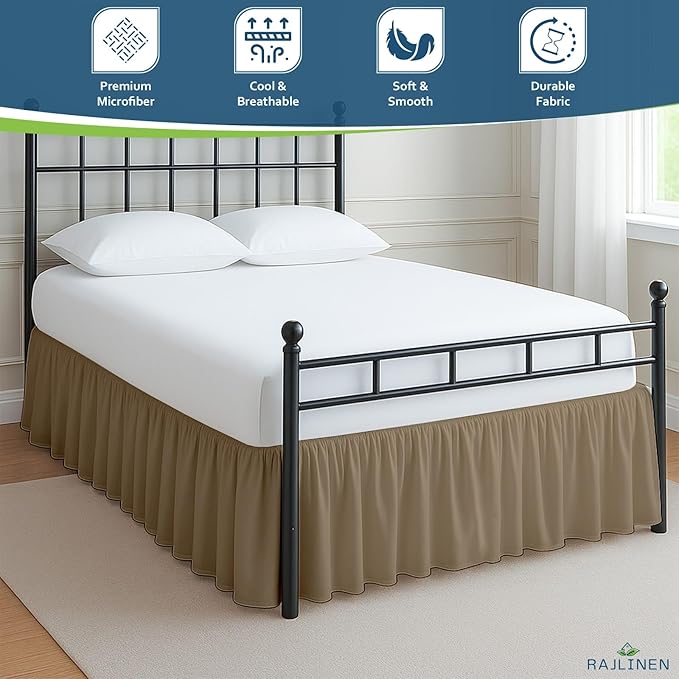 Rajlinen Ruffled Bed Skirt Full, 21 Inch Drop Dust Ruffle with Split Corners, 100% Microfiber Bedskirt with Platform, Three-Sided Coverage Ruffled Gathering Design, Taupe