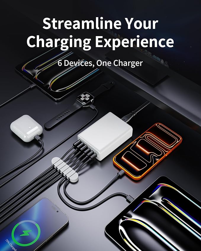 USB C Fast Charger, 105W GaN 6-Port Desktop USB Charging Station Hub, USB C Charger Block Wall Charger for iPhone 17/16/15/14/13/12/11, iPad, Samsung and More (Cable Organizer Included)