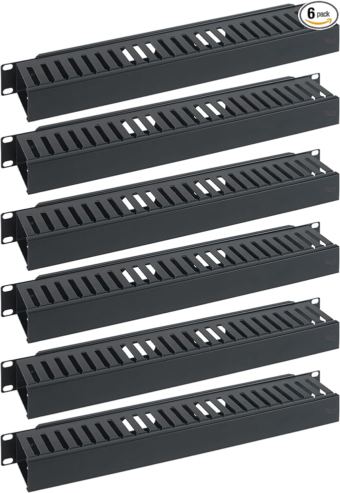 ICC 1U Finger Duct Cable Manager Panel with Cover, Plastic with Metal Back Frame, 3" Depth, Horizontal Cable Management, Rackmount for 19” Network Racks, Black, 6-Pack