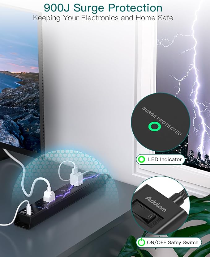 Flat Plug Extension Cord, Addtam 5Ft Surge Protector Power Strip with 6 AC Outlets 4 USB, Wall Mount, Desk Charging Station for Office School College Dorm Room Essentials, ETL Listed