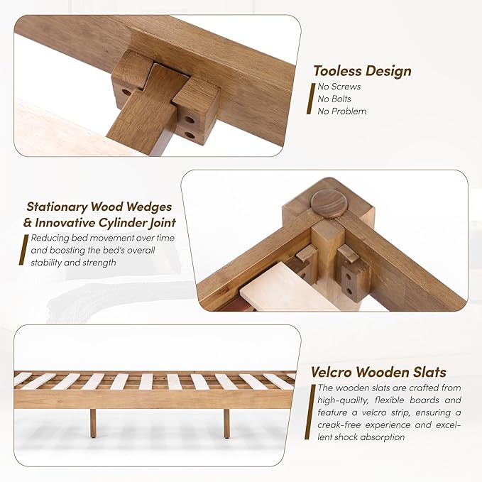 Thor Bed Frame Full - Solid Wood Platform Bed - Japanese Joinery Bed Frame - Wood Slat Support - No Box Spring Needed - Easy Assembly - Minimalist & Modern Style (Light Brown)