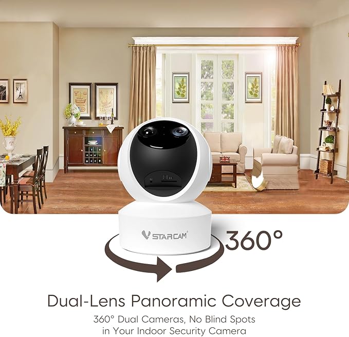 VSTARCAM Dual Lens Indoor Security Camera, 2K QHD with 10X Zomm, 360° Pan-Tilt 2.4GHz with Color Night Vision, Motion Detection, Real-time Alerts, 2-Way Audio, Cloud & SD Card Storage(up to 256GB)