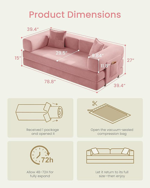 78.8" Convertible Futon Sofa Bed,Corduroy Futon Couch with Storage Pocket,Folding Pull Out Sofa,No Assembly Boneless Couch for Living Room | Pink