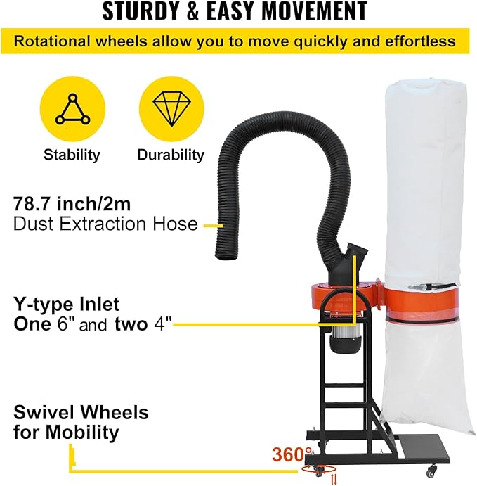 VEVOR 1.5 HP Dust Collector, 716 CFM, Portable Vortex Dust Collector, with 47 Gallon Collection Bag and Mobile Base, 120V, 3400 RPM, 5μm Canister Filter Kit, for Woodworking Dust Collection System