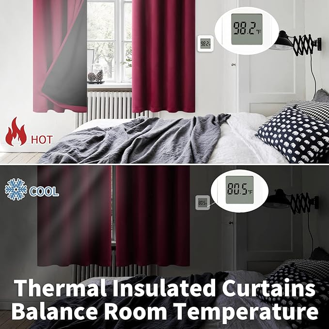 BGment Thermal Insulated 100% Blackout Curtains for Bedroom with Black Liner, Double Layer Full Room Darkening Noise Reducing Grommet Curtain (42 x 84 Inch, Burgundy Red, 2 Panels)
