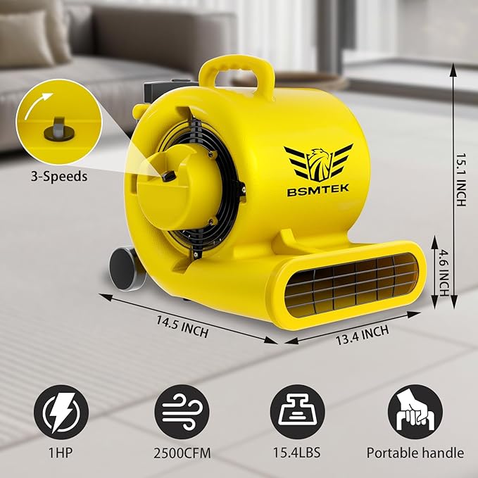 BSMTEK 2500-5000 CFM 1HP Air Mover Blower Fan, Floor Blower Dryer, 3 Speeds, 4 Adjustable Angles, Handle Wheelkit, 15Ft Long Cord Portable, Stackable - 2026 Upgraded