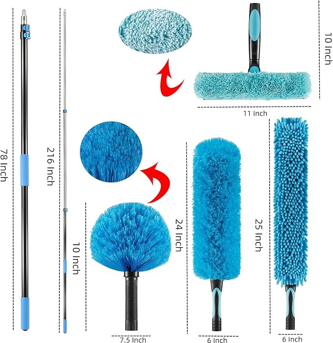 Hicavar 25 Foot High Ceiling Fan Duster with 6-18 Foot Extension Pole, Extendable Reusable Cobweb, Feather, Window Cleaning Squeegee Kit