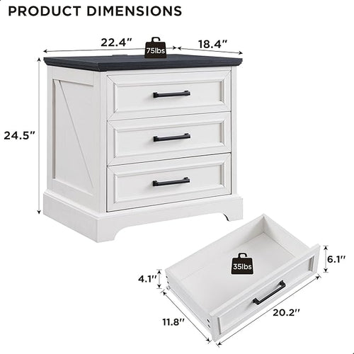 ACCOHOHO Farmhouse Nightstand with Charging Station, 22 Inch Wide End Table with 3 Large Drawers & Bar Handles, Rustic Wood Small Dresser Chest of Drawers for Bedroom, Living Room, Closet, Off White